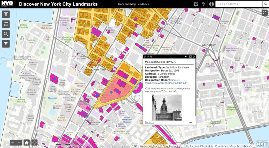 Diagram of landmarked neighborhoods and properties in Lower Manhattan.