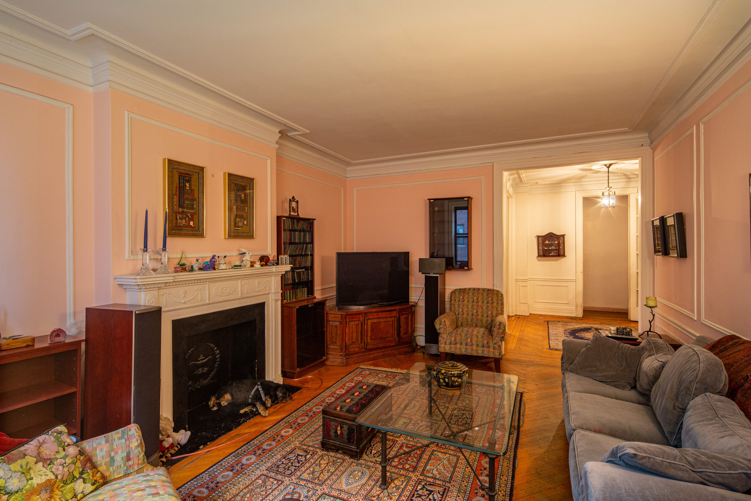 The Pre-war Living Room with a fireplace is separated from the rest of the apartment.