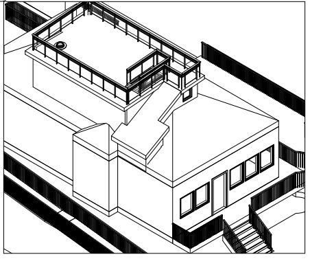 3D Line drawing of a home with windows roof and deck