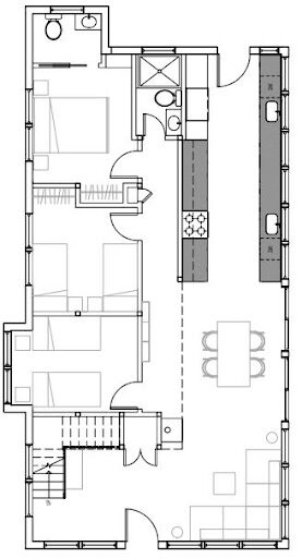 Drawing of one floor of a house with kitchen, dining, and bedrooms