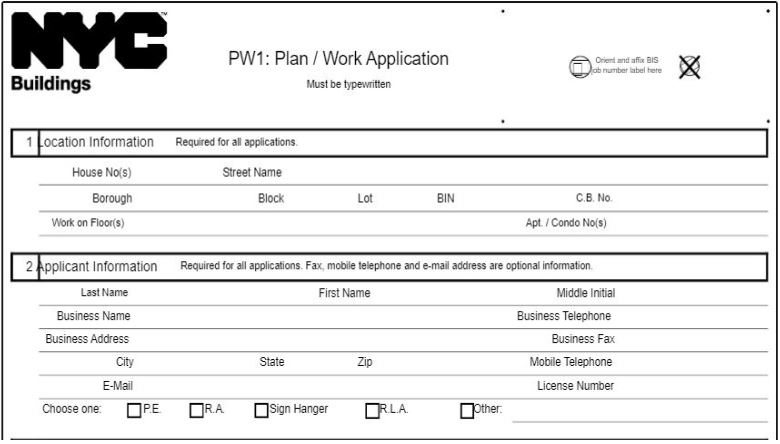 NYC DOB form “PW1” Work application form