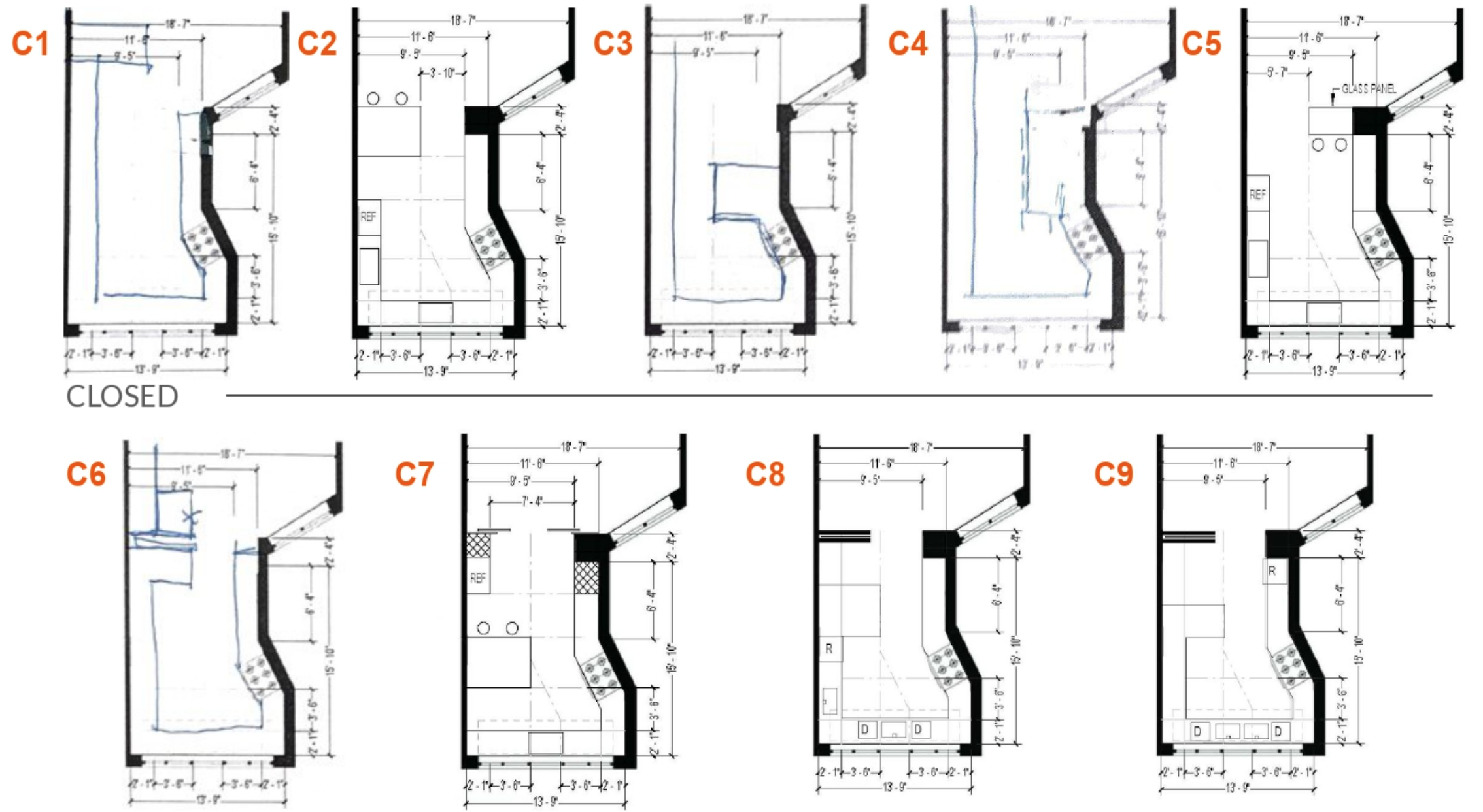 A grid series of kitchen layouts used for presentation purposes