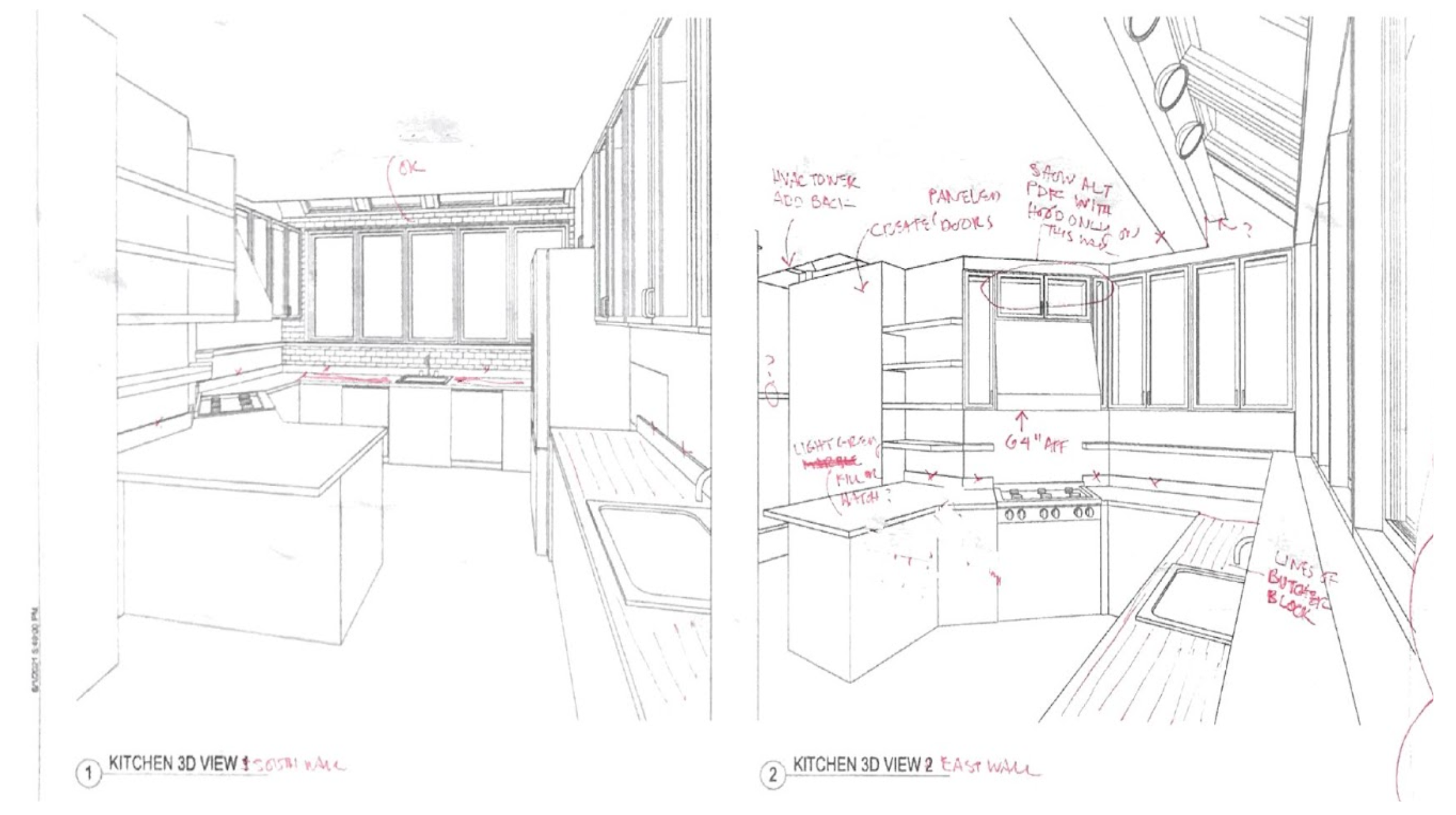 Two 3D sketches of a kitchen, from different points of view, with design notes