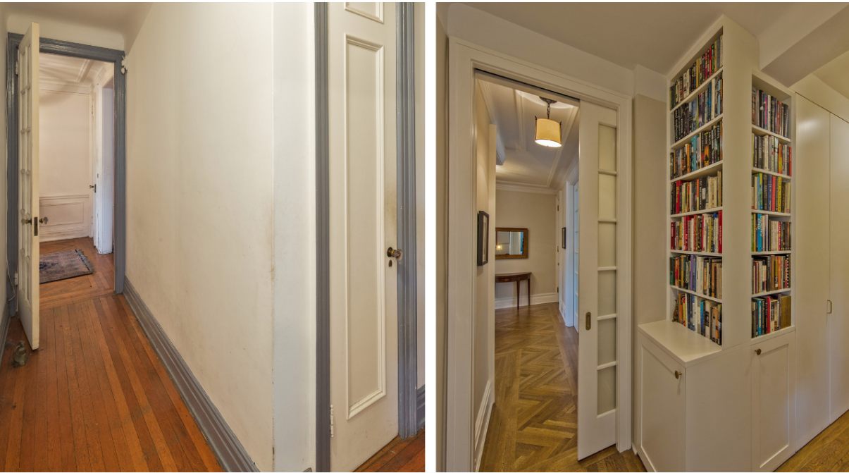 Before: A closet and around the corner; a door to the foyer in the distance. After: book case and storage wraps a corner; a nearby pocket door opens to the foyer.