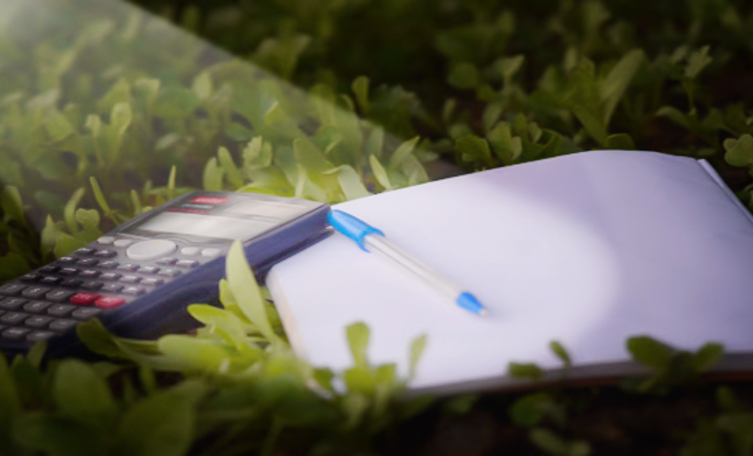 A spotlight on a blue pen on a white notebook and calculator lying in the grass