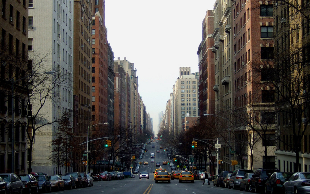 View South down the center of West End Avenue New York City, lined with classic Renaissance Revival apartment buildings.