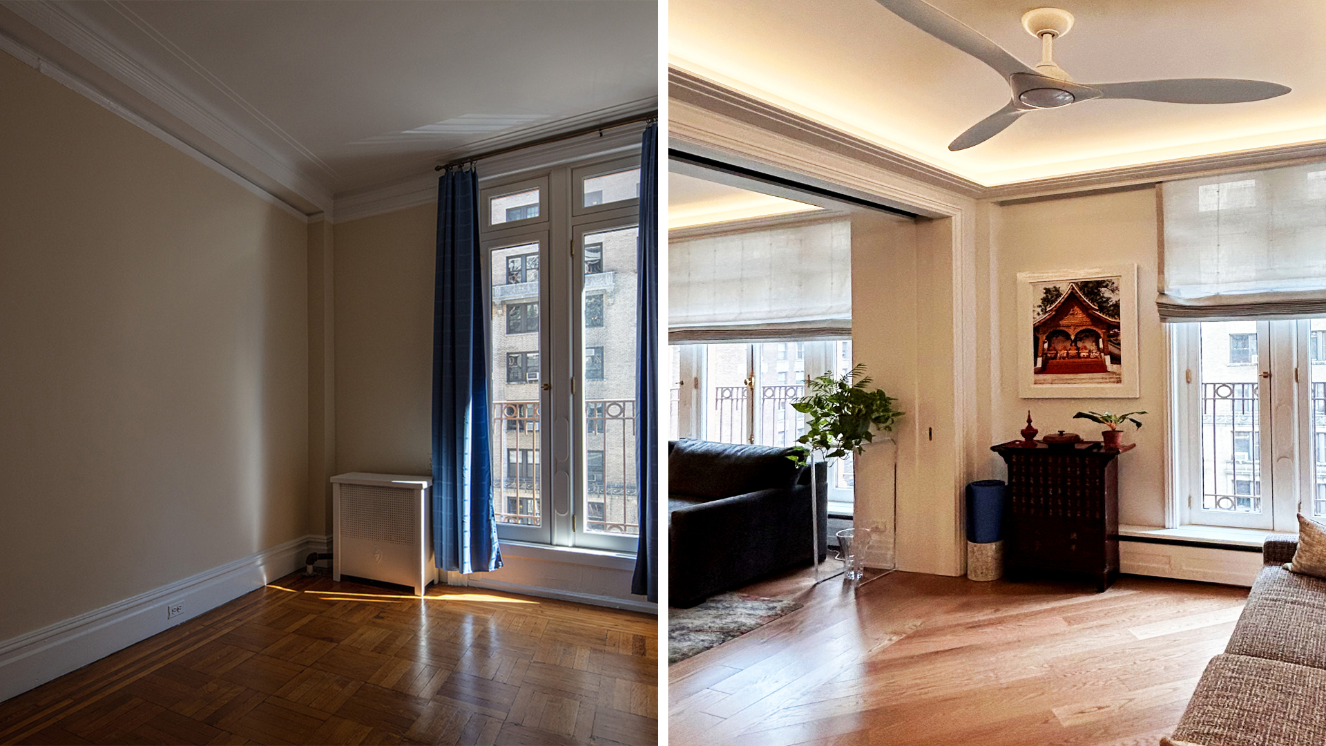 Before: A bedroom corner with floor-to-ceiling windows on the East wall to the right and a solid wall on the left. After: The wall dividing the home office (previously a bedroom) from the living room is now a triple-wide pocket door that unites the floor-to-ceiling windows in a wall of daylight. Both rooms have cove lighting to provide the option of light without glare.