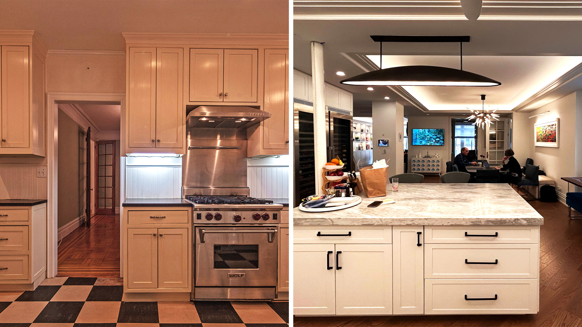 Before: A medium-size retro-style Kitchen with a restaurant-style range, a black and white chequered floor leads to a dining room straight ahead, and the butler's pantry is out of view to the left. After: A sizeable marble-topped island occupies the space where the walls between Kitchen, Dining Room, and Butler’s Pantry were. Now the floor-to-ceiling windows on the other side of the apartment are visible.