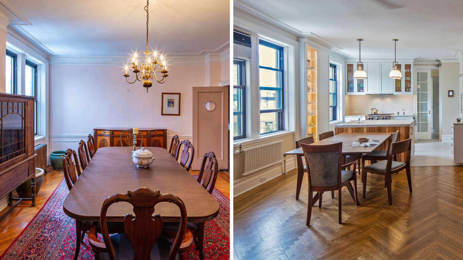 Before: The table is centered in the Dining Room and does not enjoy the view from the adjacent window in the corner of the room. After: the same window in a combined kitchen-dining room aligns with the dining table and provides great views.