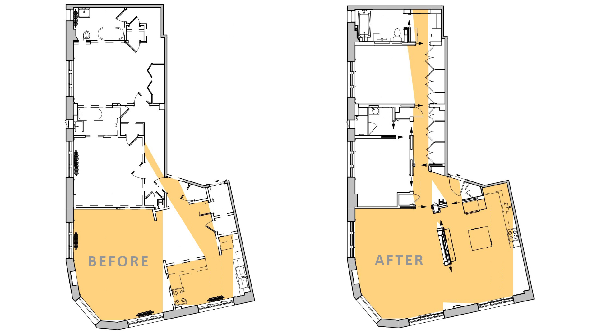 Before and after diagrams of a renovated two-bedroom, two-bath apartment on the Equinox illustrate how, by relocating walls and doorways, 40% more light enters the apartment.