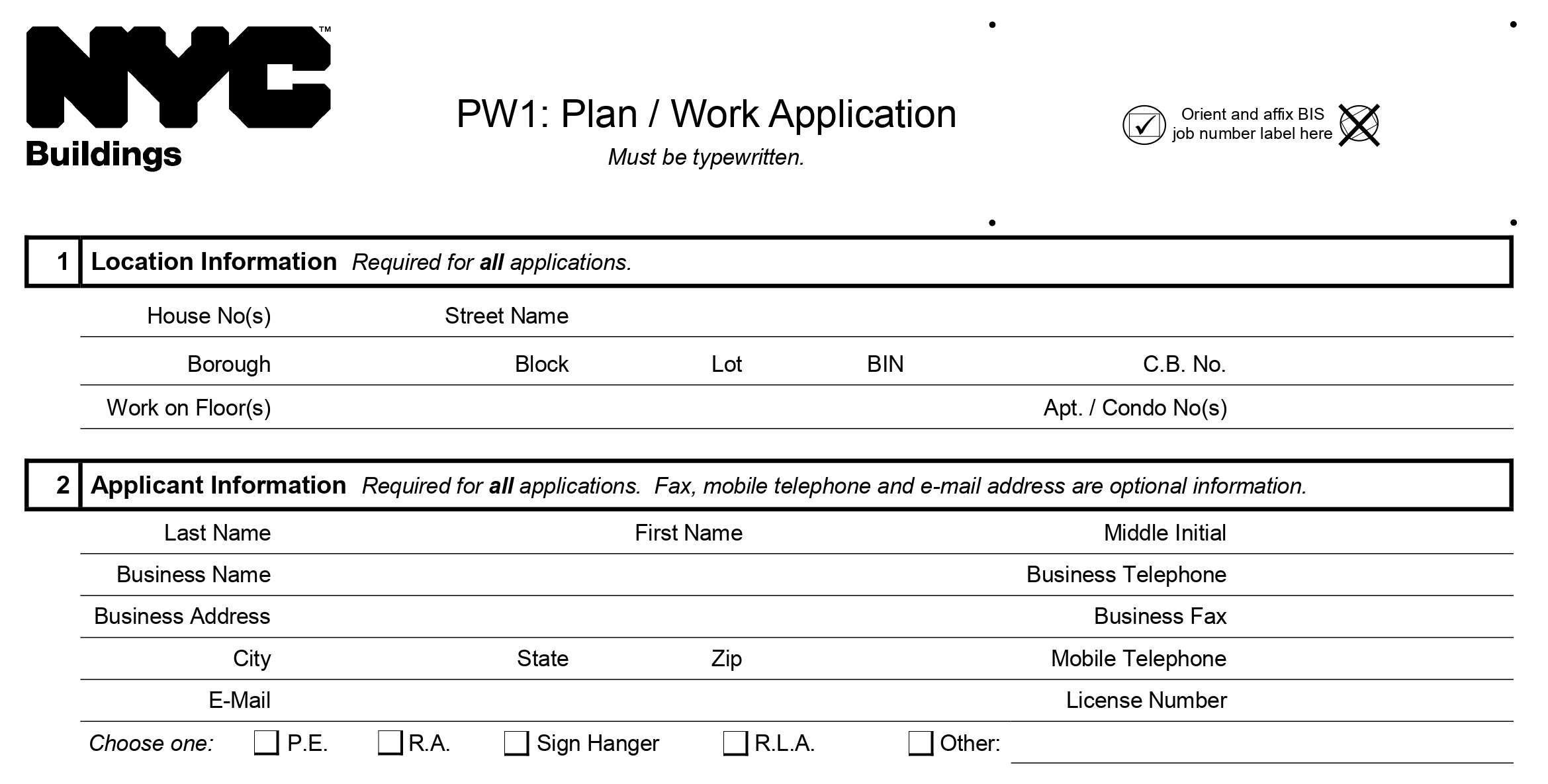NYC DOB form “PW1” Work application form
