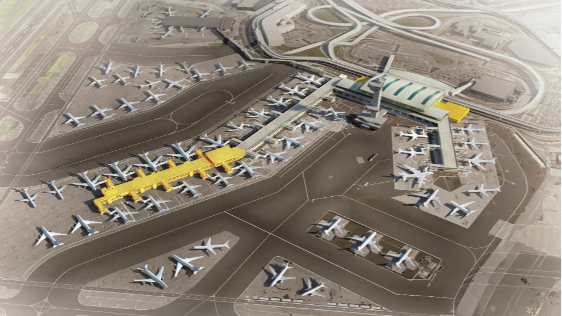 Rendering of an airport terminal from in sepia tones with the area of expansion in yellow.