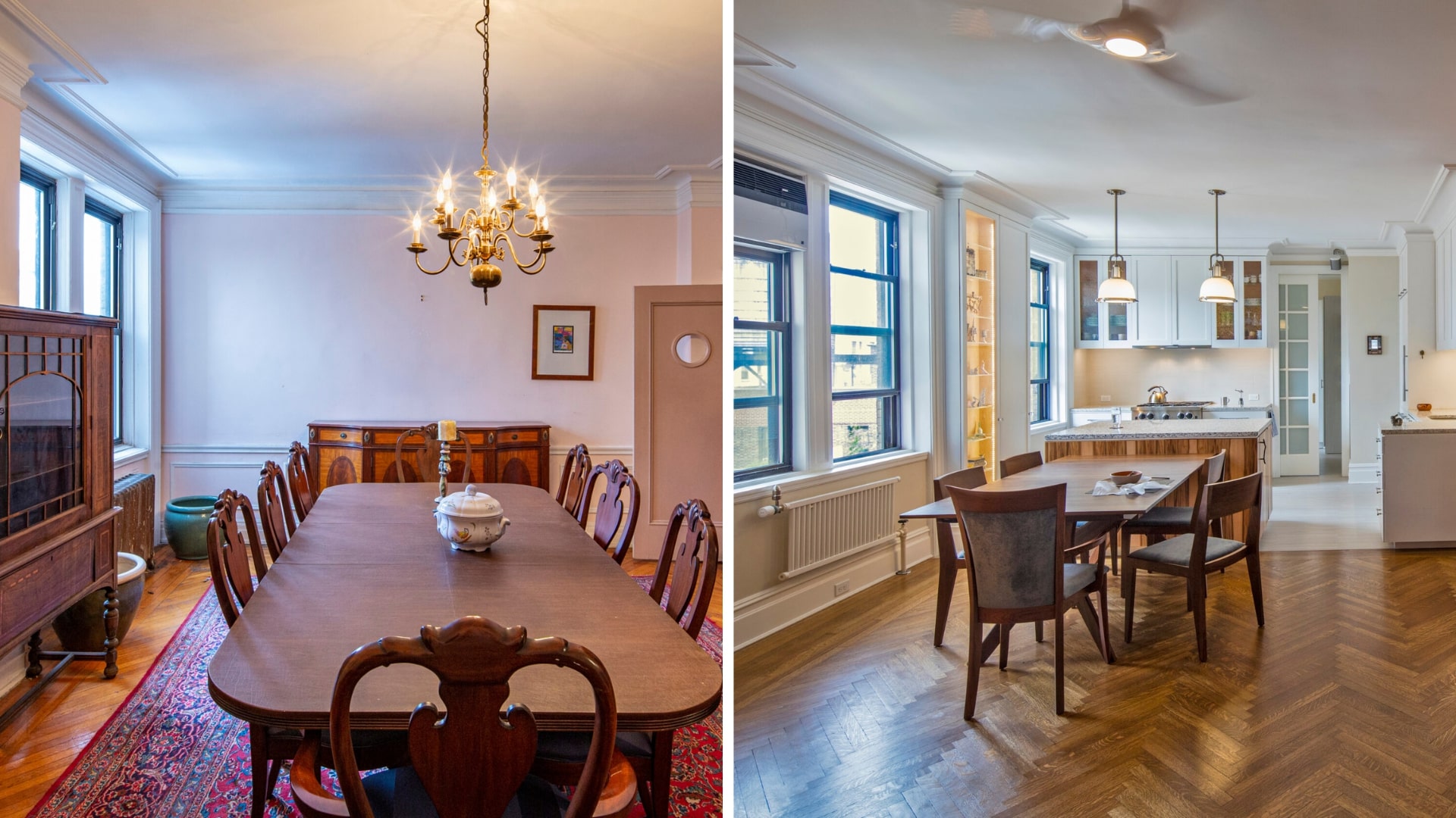 Before: A classic large dining Room with windows in the corner and tall, dark furniture; After: The room is brighter, wider, and longer.