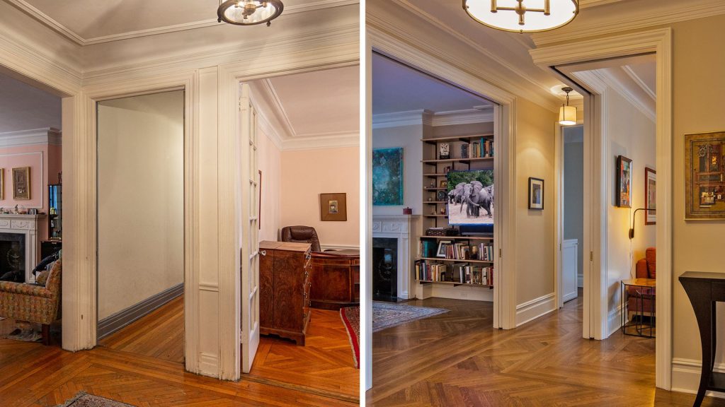 Before: A Foyer with doors to a Living Room, a Corridor, and a Dining Room arrayed around the perimeter; After: (same view) We pushed back the door to the entry corridor and allowed the door openings to the Living Room and the Dining Room to face each other.